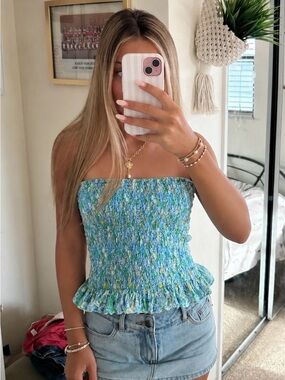 American Eagle Strapless Peplum Tube Top - Blue Floral